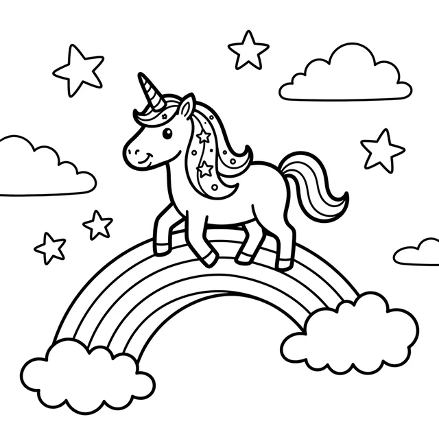 A unicorn crosses a rainbow bridge between clouds. Black-and-white unicorn coloring page.