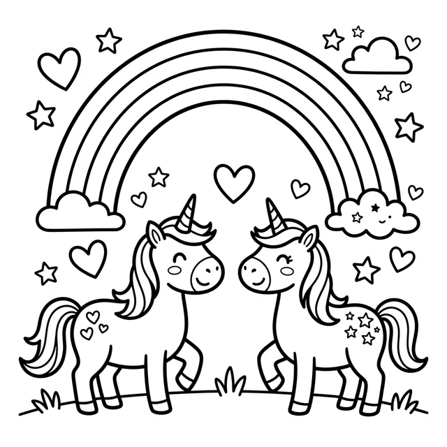 Unicorn friends gather beneath a sweeping rainbow. Black-and-white unicorn coloring page.