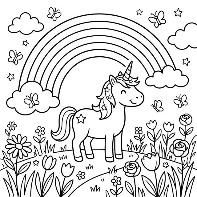 A unicorn in a flower garden under a rainbow. Black-and-white unicorn coloring page.