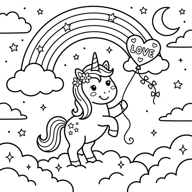 A unicorn with a heart-shaped kite beneath a rainbow. Black-and-white unicorn coloring page.