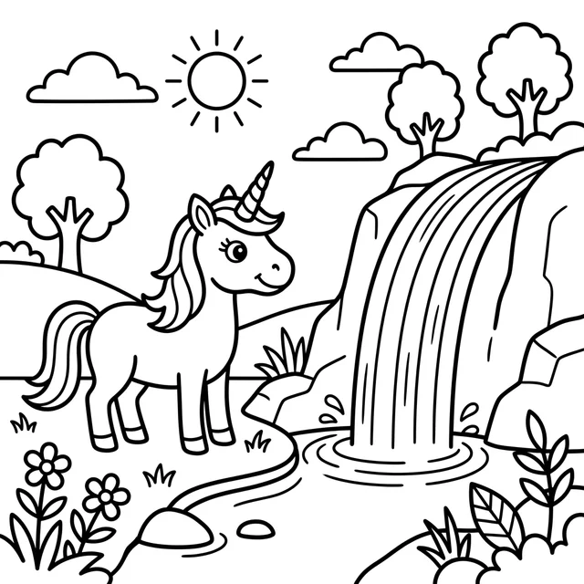 Unicorn coloring page with a unicorn beside a waterfall, flowers and trees