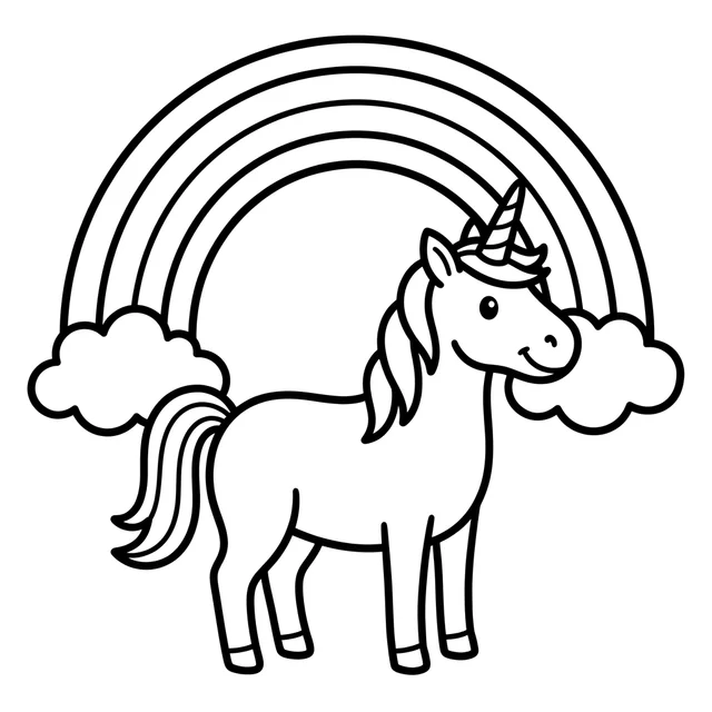 A standing unicorn under a simple rainbow arch. Black-and-white unicorn coloring page.
