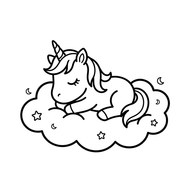 Baby unicorn coloring page with a sleeping unicorn curled on a star-decorated cloud