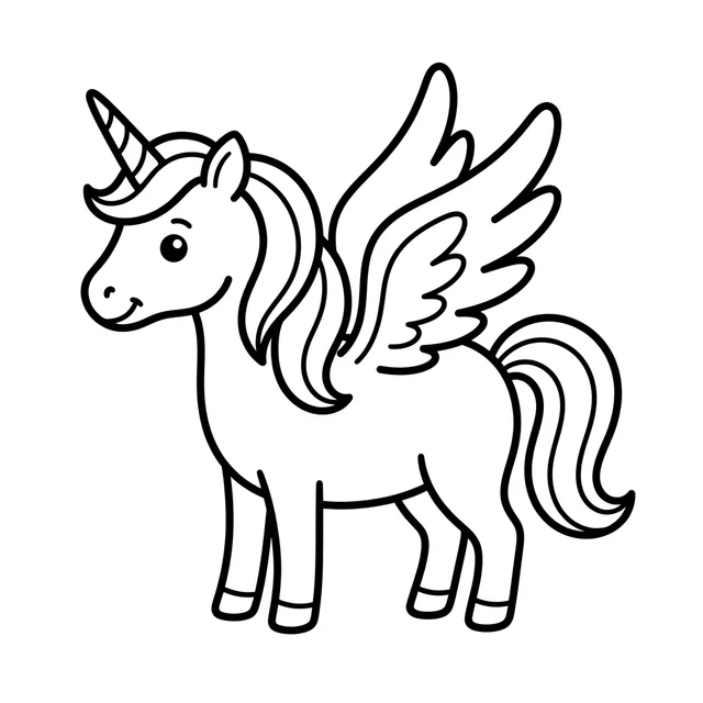 Winged unicorn coloring page with a standing unicorn, feathered wings and a flowing tail