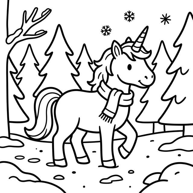 Winter unicorn coloring page with a scarf-wearing unicorn among snowflakes and pine trees